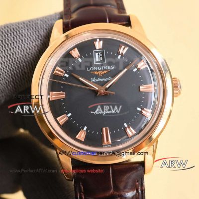 Best replica Longines Conquest black face rose gold case Swiss automatic mechanical watch 